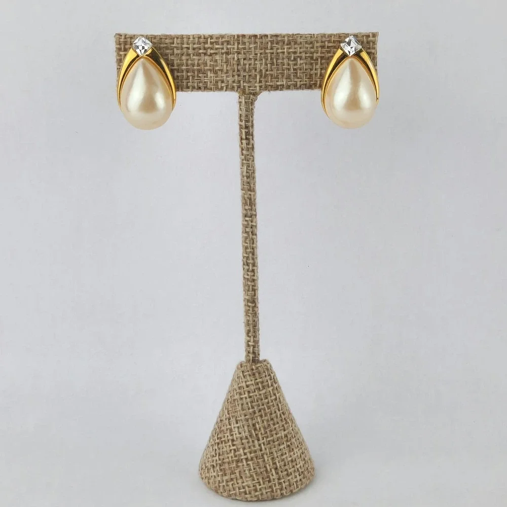 Vintage Richelieu Faux‎ Pearl Teardrop Stud Earrings Gold Tone Rhinestone
